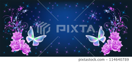 Delightful magical butterflies with pink roses on night sky background among shiny glowing sparkle stars in cosmic space. Love and romance concept. 114640789