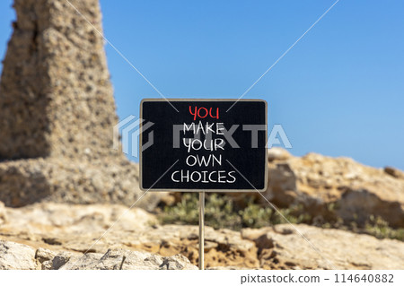 You make your own choice symbol. Concept words You make your own choice on beautiful blackboard. Beautiful stone sky background. Business you make your own choice concept. Copy space. You make your own choice symbol. Concept words You make your own choice on beautiful blackboard. Beautiful stone sky background. Business you make your own choice concept. Copy space. 114640882