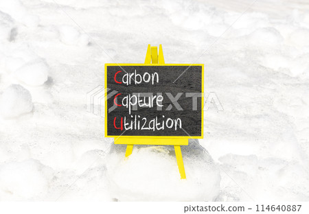 CCU Carbon capture utilization symbol. Concept words CCU Carbon capture utilization on beautiful blackboard Beautiful snow background Business ecological Carbon capture utilization concept Copy space 114640887
