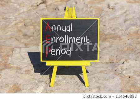 AEP symbol. Concept words AEP Annual enrollment period on beautifulblack chalk blackboard. Beautiful stone beach background. Medical and AEP Annual enrollment period concept. Copy space. 114640888