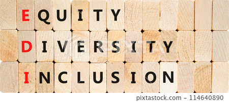 EDI equity diversity inclusion symbol. Concept words EDI equity diversity inclusion on wooden blocks on a beautiful wooden background. Business EDI equity diversity inclusion concept. Copy space. 114640890