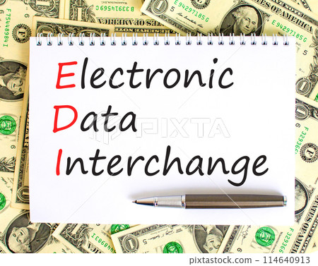 EDI electronic data interchange symbol. Concept words EDI electronic data interchange on white note. Beautiful dollar bills background. Business and EDI electronic data interchange concept. Copy space 114640913