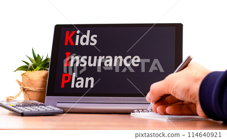 KIP kids insurance plan symbol. Concept words KIP kids insurance plan on beautiful black tablet. Beautiful white background. Businessman hand. Business KIP kids insurance plan concept. Copy space. 114640921
