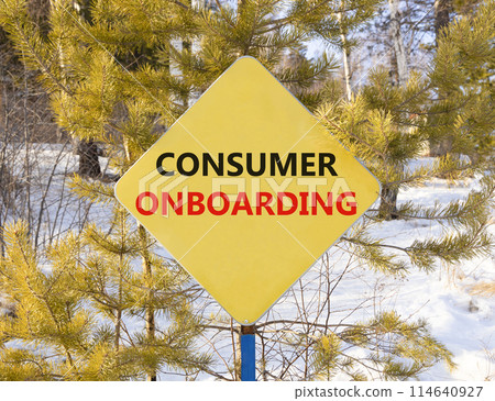 Consumer onboarding symbol. Concept words Consumer onboarding on beautiful yellow road sign. Beautiful forest snow blue sky background. Business consumer onboarding concept. Copy space. Consumer onboarding symbol. Concept words Consumer onboarding on beautiful yellow road sign. Beautiful forest snow blue sky background. Business consumer onboarding concept. Copy space. 114640927