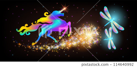 Galloping iridescent unicorn with luxurious winding mane and flying magic dragonfly against the background of the fantasy universe with sparkling stars. 114640992