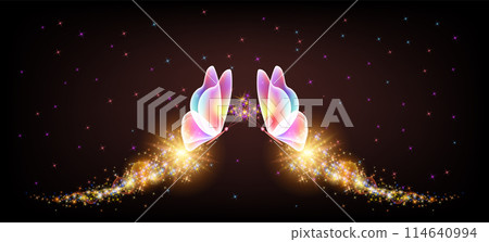 Flying delightful butterflies with sparkle and blazing trail flying in night sky among shiny glowing stars in cosmic space. Animal protection day concept. 114640994