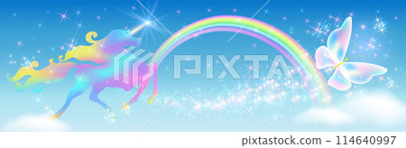 Galloping iridescent unicorn with luxurious winding mane and flying butterfly against the background of the fantasy Universe with sparkling stars, clouds and rainbow 114640997