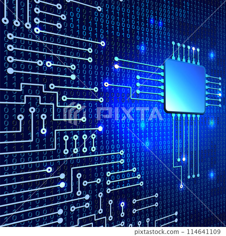 Modern electronic circuit and binary code on blue glowing background. Digital nano technologies concept. 114641109