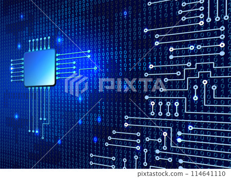 Modern electronic circuit and binary code on blue glowing background. Digital nano technologies concept. Modern electronic circuit and binary code on blue glowing background. Digital nano technologies concept. 114641110