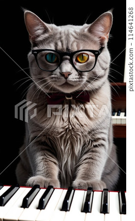 Cat with Glasses on Piano 114641268
