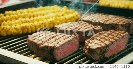 Grilled Steaks and Corn on BBQ 114641310
