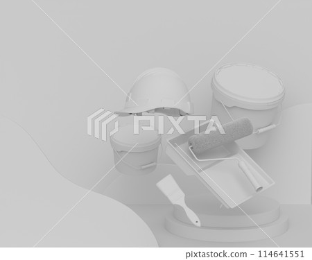 Abstract scene with folding ladder, bucket and paint roller on monochrome 114641551
