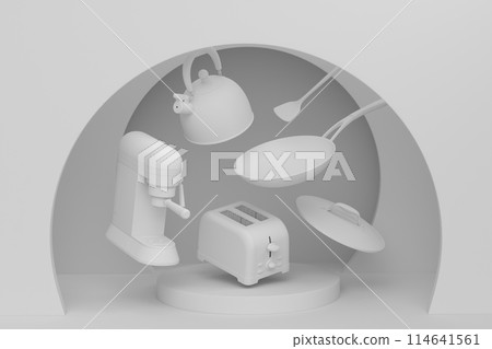 Abstract scene or podium with kitchen appliances and utensils on monochrome. Abstract scene or podium with kitchen appliances and utensils on monochrome. 114641561