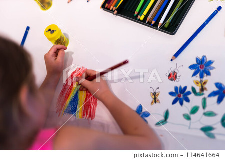 Child girl draws with colored pencils Child girl draws with colored pencils 114641664