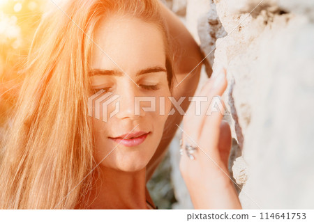 Woman summer travel. Happy tourist enjoy taking selfie photo outdoors for memories. Woman traveler posing in summer park on sunset, sharing travel adventure journey 114641753