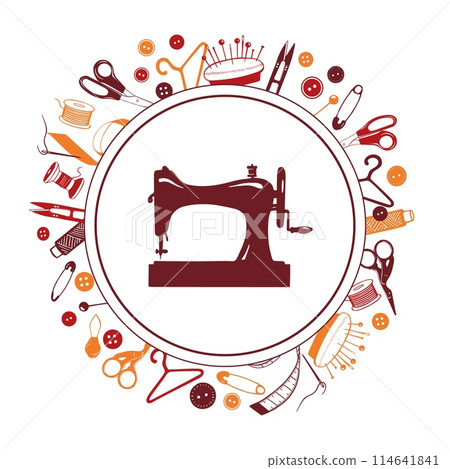 Sewing Machine and Tools, Hand Drawn Elements. Tailoring accessories - threads, scissors, needles, pins, buttons. Vector round frame for seamstress, atelier, fashion design 114641841