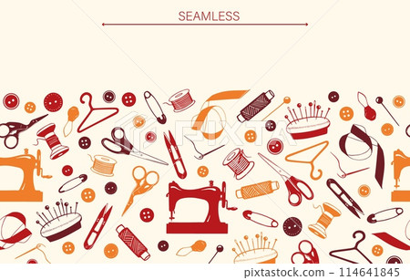 Sewing Tools Border, Banner with Hand Drawn Elements. Tailoring accessories - threads, scissors, needles, pins, buttons. Vector Template for seamstress, atelier, fashion design Sewing Tools Border, Banner with Hand Drawn Elements. Tailoring accessories - threads, scissors, needles, pins, buttons. Vector Template for seamstress, atelier, fashion design 114641845