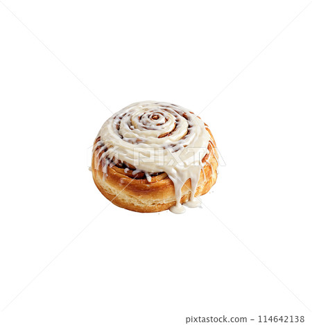 Cinnamon roll with cream cheese glaze drizzle and steam rising Food and culinary concept 114642138