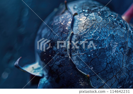 A macro shot captures the intricate detail of a dew-covered blueberry 114642231