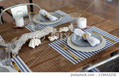 A silver-out table. plates and appliances in a wooden style. tree branch. table, chairs 114642256