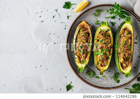 Savory stuffed zucchini boats on a dark plate with fresh parsley garnish Savory stuffed zucchini boats on a dark plate with fresh parsley garnish 114642296