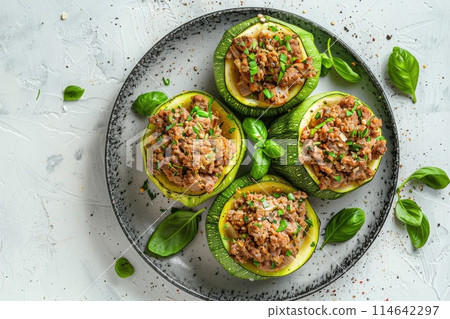 Savory stuffed zucchini boats on a dark plate with fresh parsley garnish 114642297