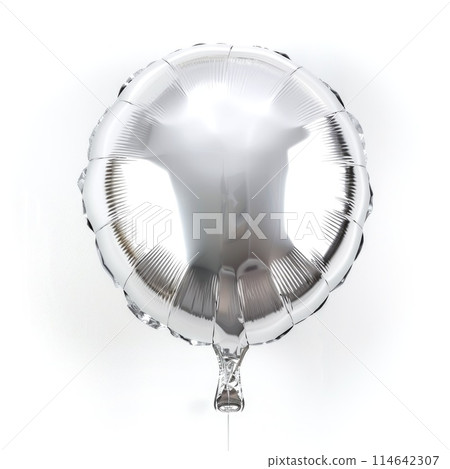 An isolated shiny silver round balloon captures the light with its reflective surface 114642307