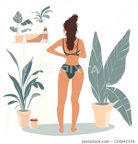 Serene Woman in Bathroom Preparing for a Bath Surrounded by Greenery Serene Woman in Bathroom Preparing for a Bath Surrounded by Greenery 114642338