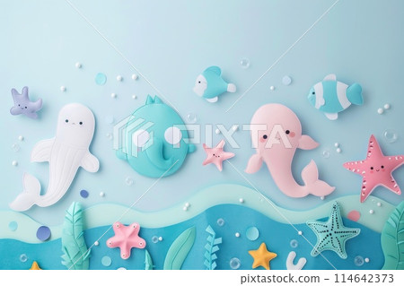 Underwater Adventure: Paper Craft Sea Creatures on Ocean Background Underwater Adventure: Paper Craft Sea Creatures on Ocean Background 114642373