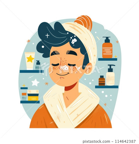 Relaxed Young Man Enjoying Skincare Routine with Beauty Products Relaxed Young Man Enjoying Skincare Routine with Beauty Products 114642387