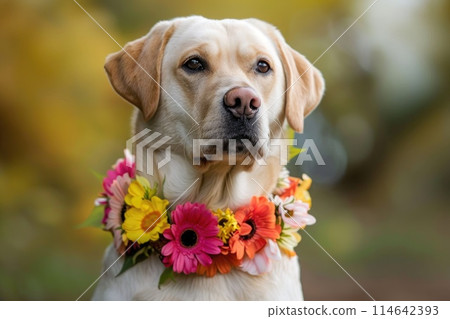 Serene Golden Labrador Retriever Wearing Floral Collar in Nature 114642393