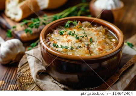 Delectable French Onion Soup in Ceramic Bowl Topped with Melted Cheese and Fresh Herbs Delectable French Onion Soup in Ceramic Bowl Topped with Melted Cheese and Fresh Herbs 114642404