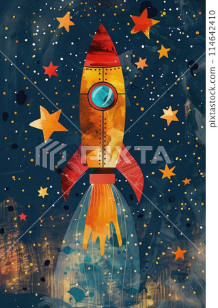 Vintage Rocket Launch into Colorful Outer Space Illustration 114642410