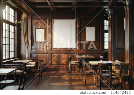 Modern Rustic Bar Interior with Blank White Projector Screen Modern Rustic Bar Interior with Blank White Projector Screen 114642422