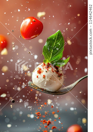 Mozzarella Cheese and Cherry Tomato on Fork with Basil and Vibrant Sauce Splashes 114642462