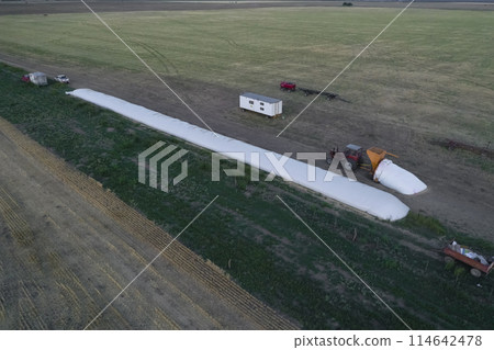 Silo bag work in pampas countryside, grain storage in La Pampa, Argentina 114642478