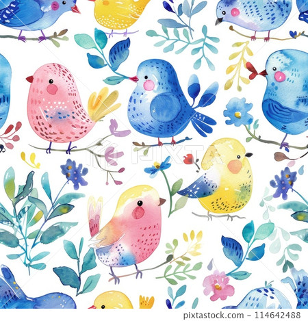 Whimsical Watercolor Birds and Blooms Seamless Pattern Whimsical Watercolor Birds and Blooms Seamless Pattern 114642488