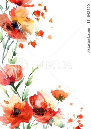 Elegant Watercolor Poppies and Wildflowers on White Background Elegant Watercolor Poppies and Wildflowers on White Background 114642520