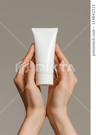 Hand-Holding Blank Skincare Tube on Minimalist Background Hand-Holding Blank Skincare Tube on Minimalist Background 114642533