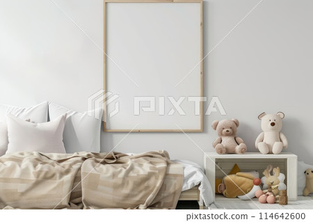 Cozy Nursery Room Interior with Blank Frame and Plush Toys 114642600