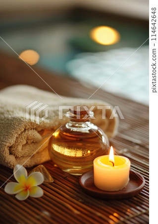 Serene Spa Ambiance with Candles, Towels, and Tropical Flowers Serene Spa Ambiance with Candles, Towels, and Tropical Flowers 114642648
