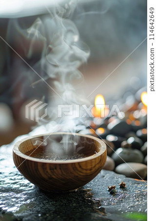 A serene spa setting with steam rising from a wooden bowl of hot water 114642649