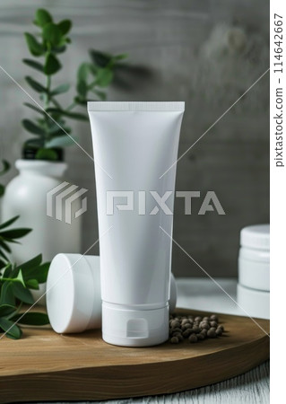 Eco-Friendly Cosmetic Cream Tube with Green Plant Leaves Shadow Play 114642667
