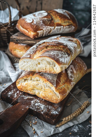 Artisan Sourdough Bread on Rustic Table with Wheat Stalks 114642687