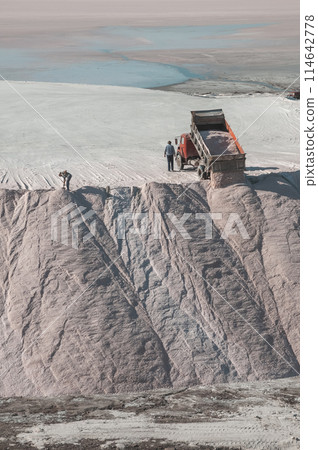 Trucks unloading raw salt bulk, Salinas Grandes de Hidalgo, La Pampa, Argentina. Trucks unloading raw salt bulk, Salinas Grandes de Hidalgo, La Pampa, Argentina. 114642778