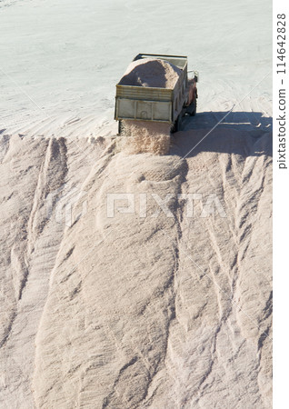Trucks unloading raw salt bulk, Salinas Grandes de Hidalgo, La Pampa, Argentina. Trucks unloading raw salt bulk, Salinas Grandes de Hidalgo, La Pampa, Argentina. 114642828
