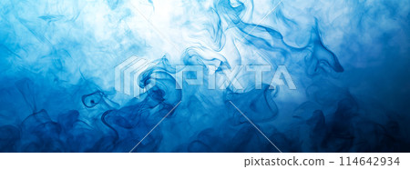 Smoke, painted with gradient of blue hues, swirls and waves create abstract masterpiece, evoking sense of mystery and elegance. Ideal for backgrounds, wallpapers, or any project needing artistic touch 114642934