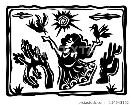 Brazilian northeast cordel style. Woman feeding birds from her hands. Woodcut style 114643102