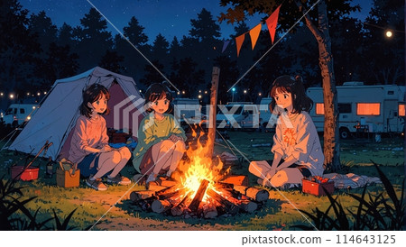 在露營地生營火的女孩動漫形象 114643125