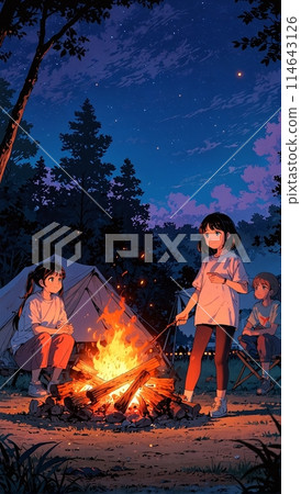 在露營地生營火的女孩動漫形象 114643126